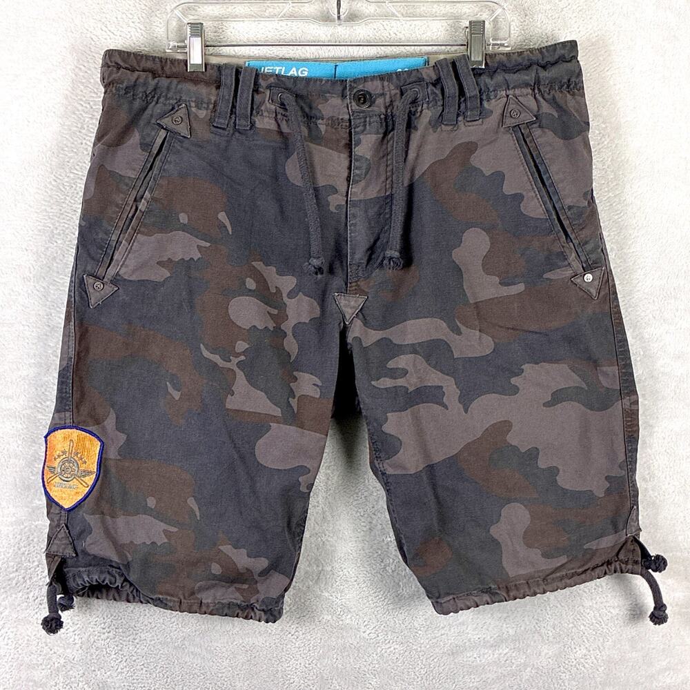 VTG Jet Lag Shorts Mens 36 (38) Brown Camo Drawstring Military Grunge Skate Y2K